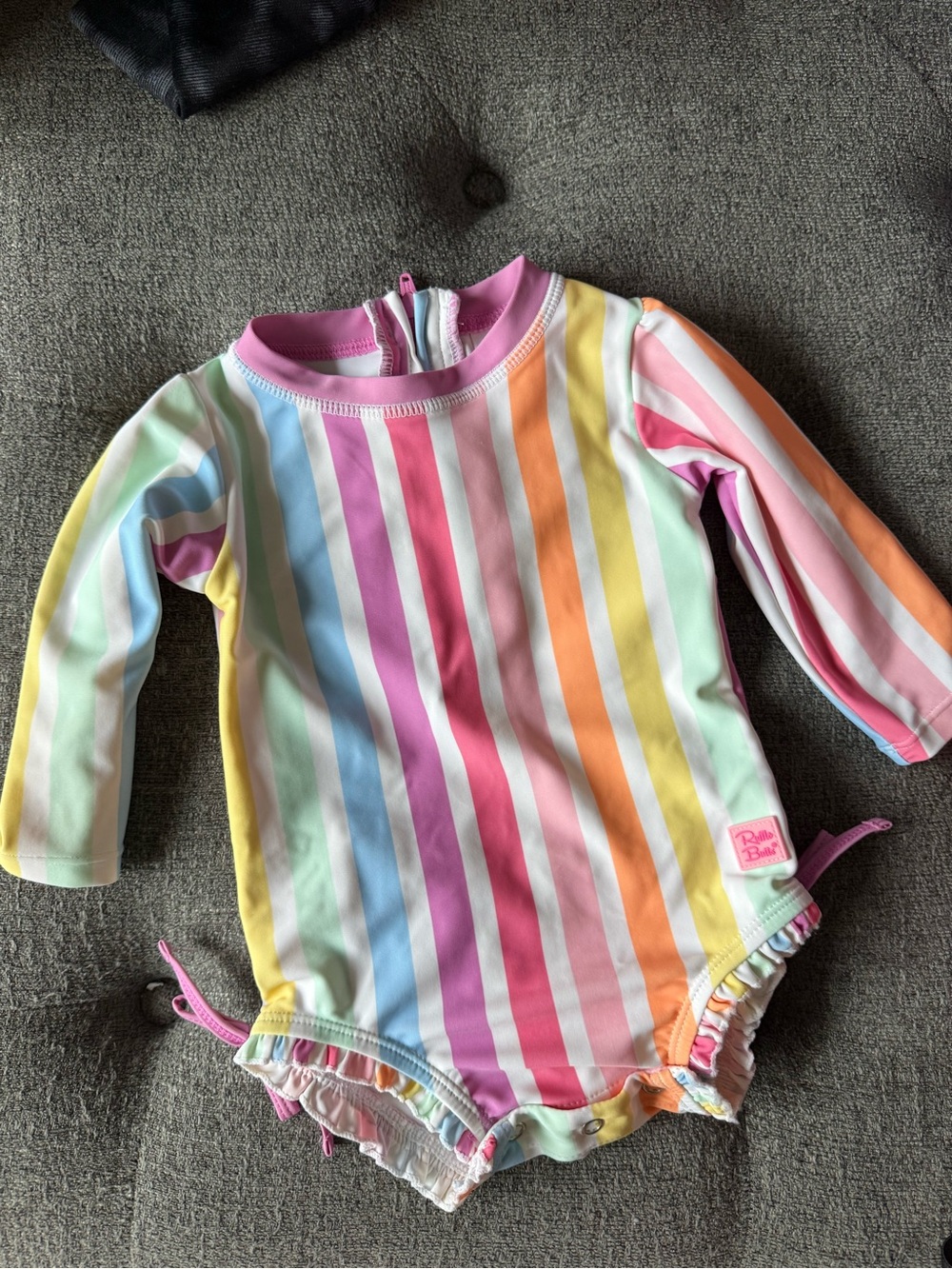 Ruffle Butts Pastel Rainbow Stripe Long-Sleeve One-Piece Swimsuit